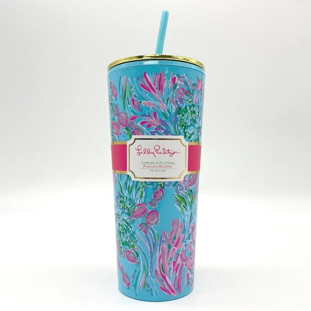 Lilly Pulitzer Women Tumbler 24 Oz Floral Best Fishes Blue‎ Pink Summer Coastal